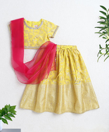 The Magic Wand Jacquard Woven Half Sleeves Leaves Foil Printed & Gota Lace Embellished Choli Lehenga With Dupatta Set- Yellow