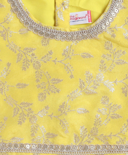 The Magic Wand Jacquard Woven Half Sleeves Leaves Foil Printed & Gota Lace Embellished Choli Lehenga With Dupatta Set- Yellow