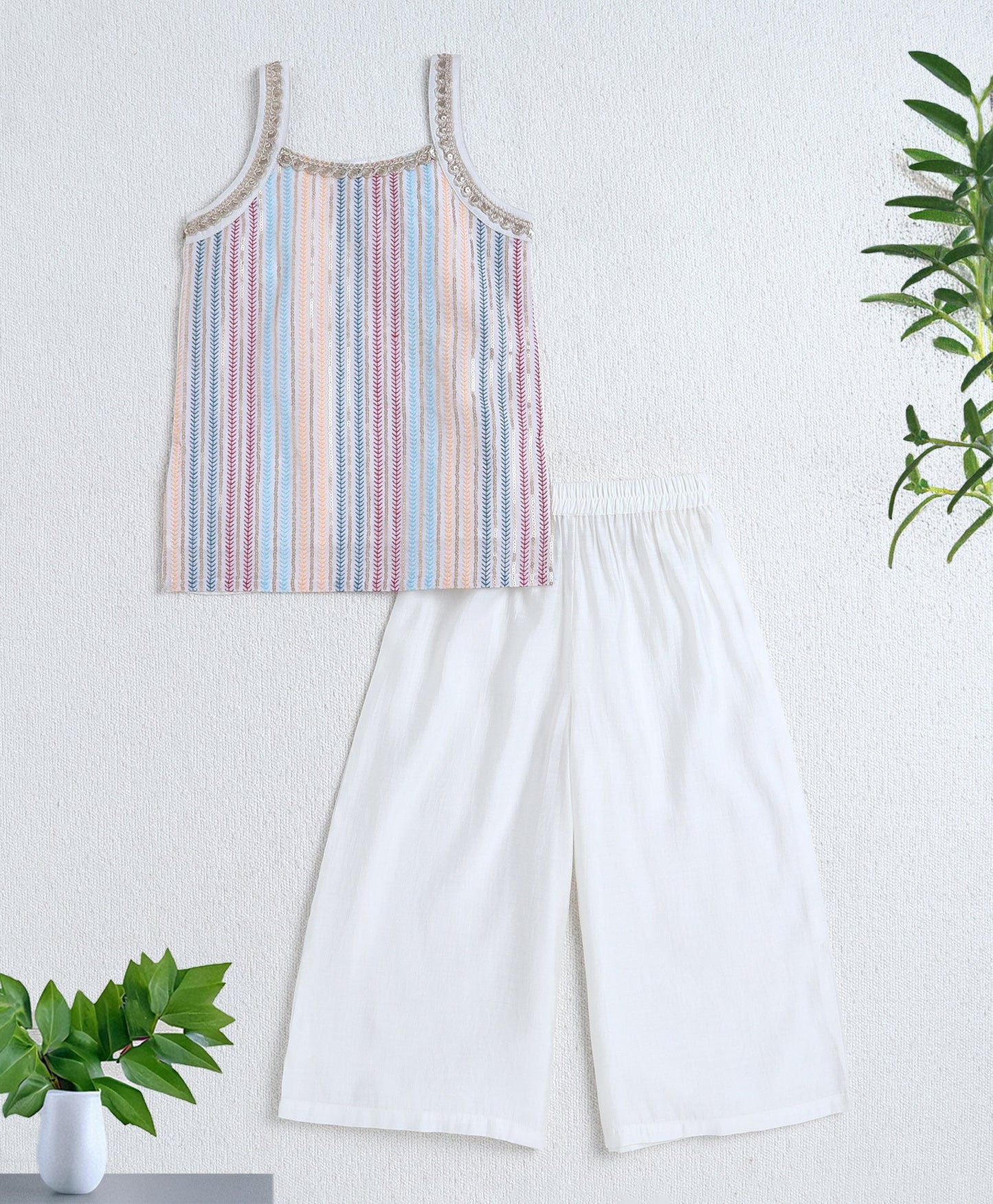 Woven Singlet Sequin Embroidery Work Kurti and Bottom Set- Off White