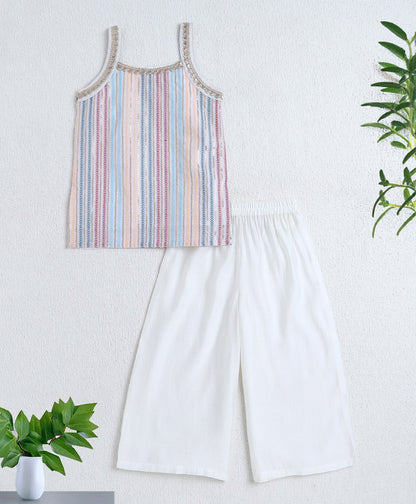 Woven Singlet Sequin Embroidery Work Kurti and Bottom Set- Off White