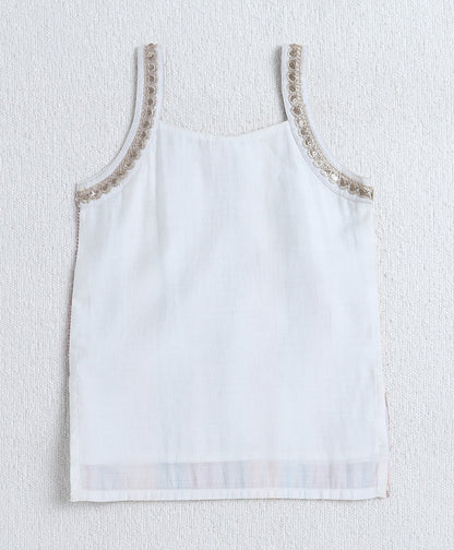 Woven Singlet Sequin Embroidery Work Kurti and Bottom Set- Off White