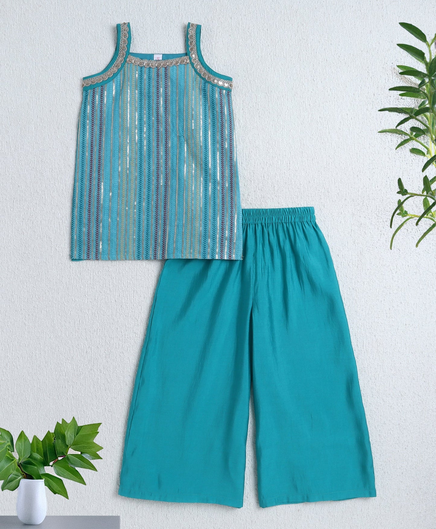 Woven Singlet Sequin Embroidery Work Kurti and Bottom Set- Turquoise Blue