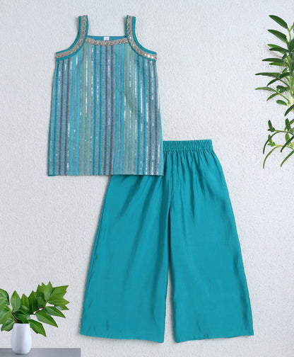 Woven Singlet Sequin Embroidery Work Kurti and Bottom Set- Turquoise Blue