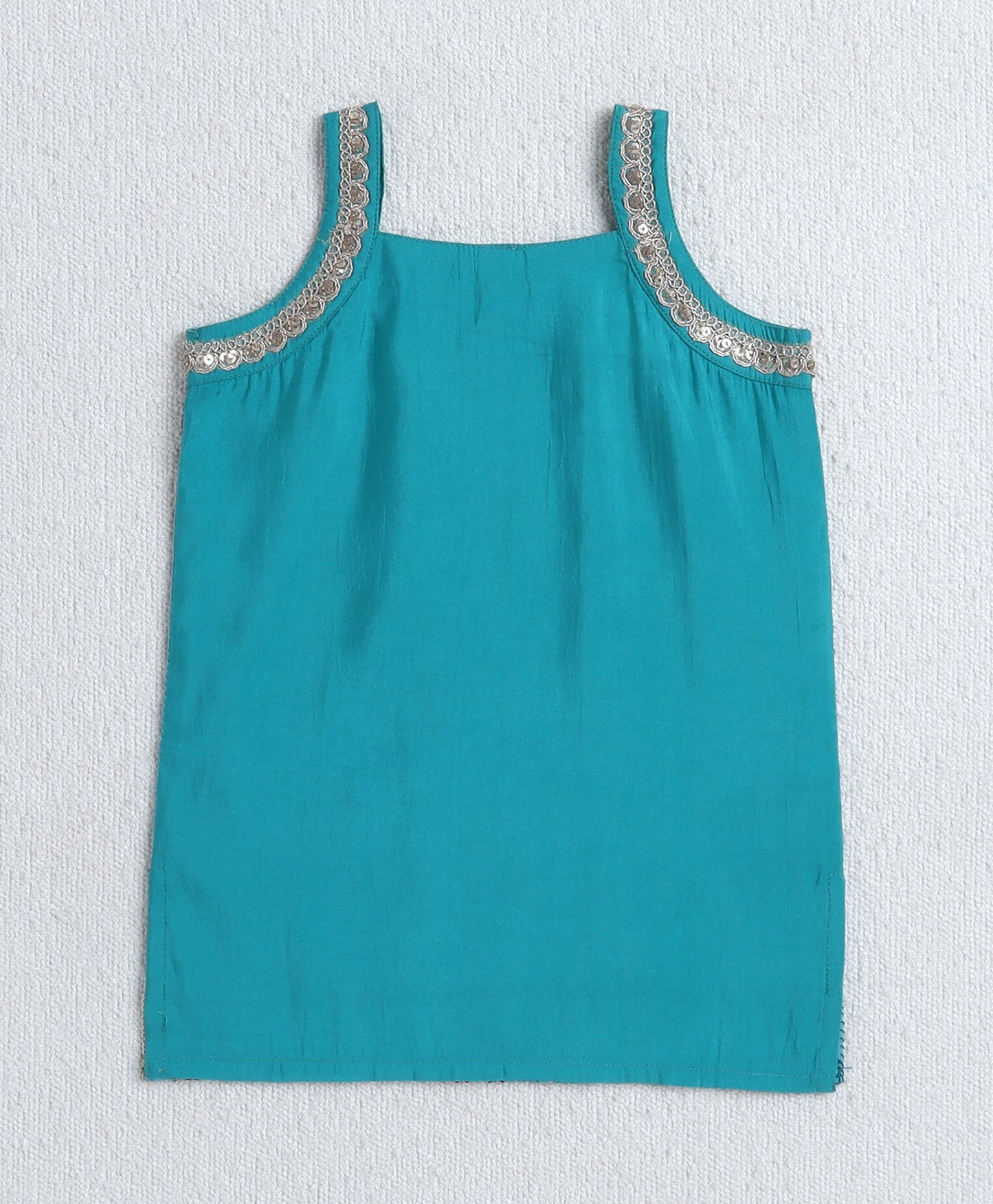 Woven Singlet Sequin Embroidery Work Kurti and Bottom Set- Turquoise Blue