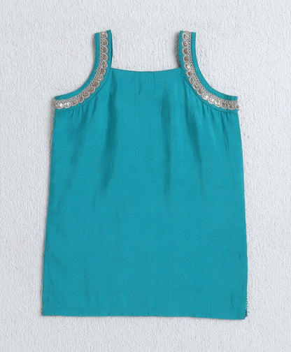 Woven Singlet Sequin Embroidery Work Kurti and Bottom Set- Turquoise Blue