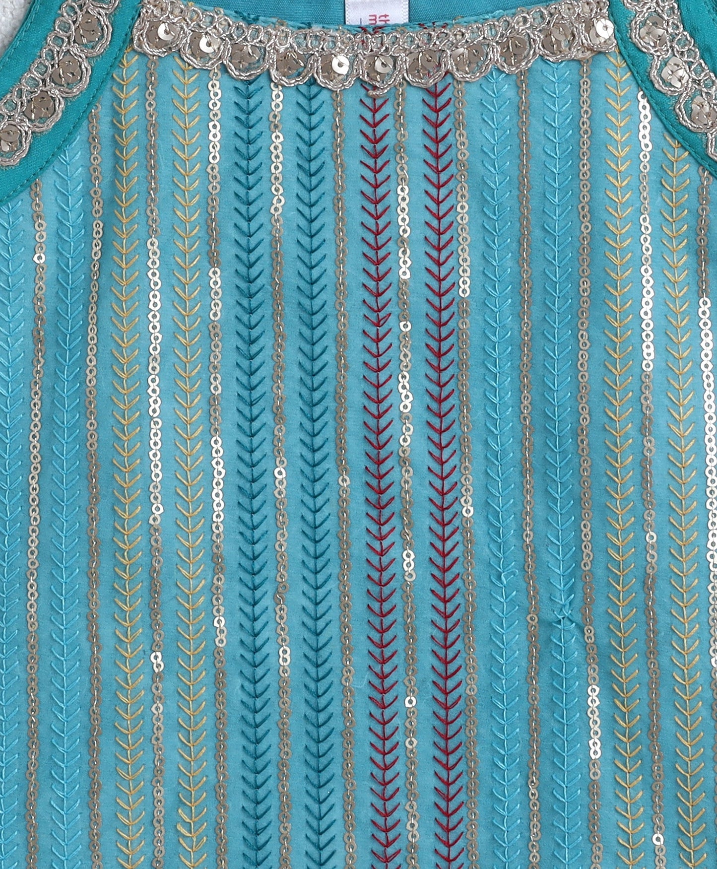 Woven Singlet Sequin Embroidery Work Kurti and Bottom Set- Turquoise Blue