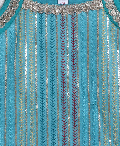 Woven Singlet Sequin Embroidery Work Kurti and Bottom Set- Turquoise Blue