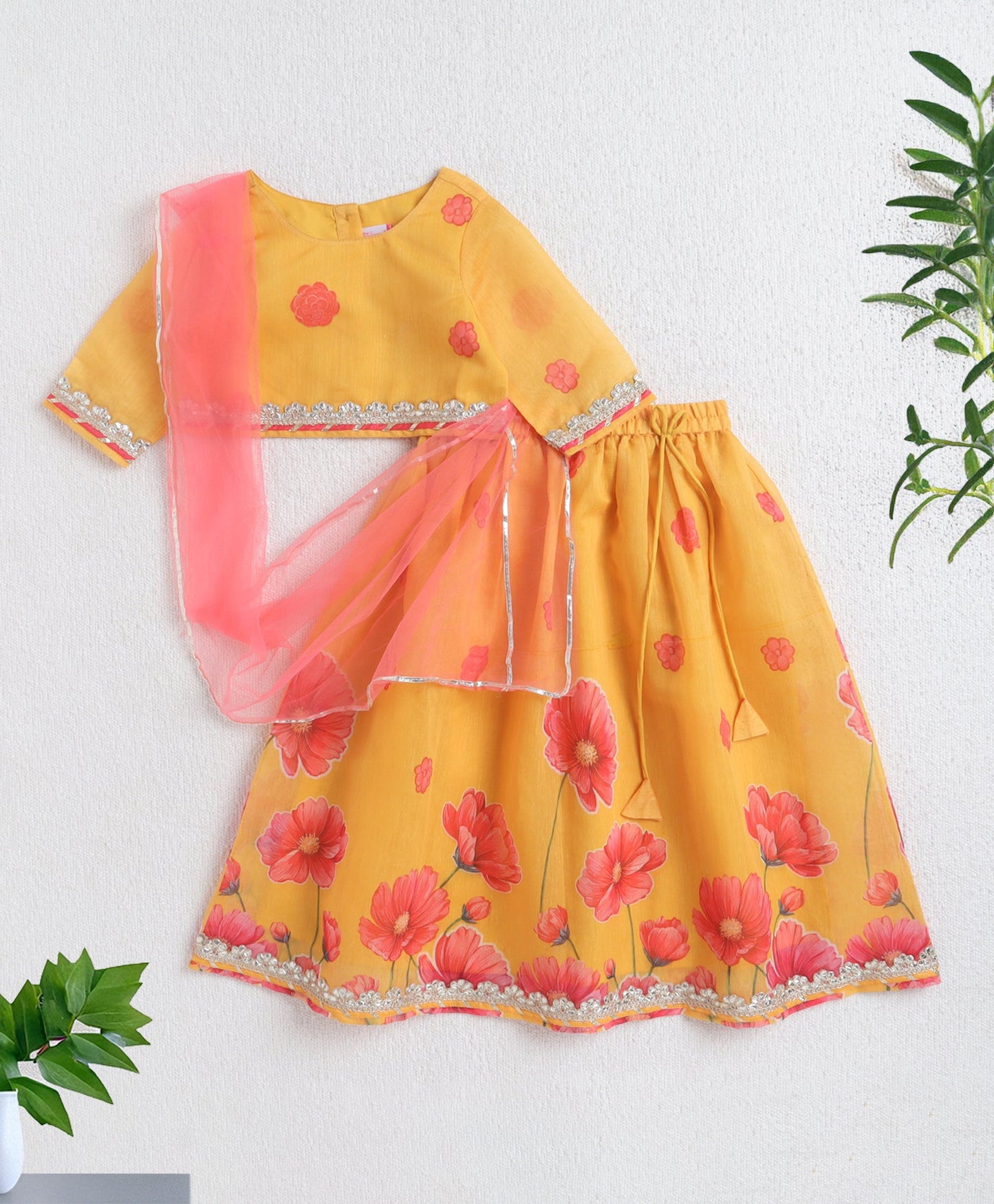 The Magic Wand Chanderi 3/4th Sleeves Digital Printed Laced Choli And Lehenga Dupatta Set - Yellow