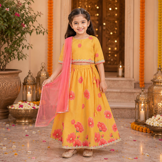 The Magic Wand Chanderi 3/4th Sleeves Digital Printed Laced Choli And Lehenga Dupatta Set - Yellow