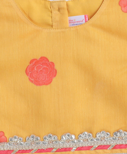 The Magic Wand Chanderi 3/4th Sleeves Digital Printed Laced Choli And Lehenga Dupatta Set - Yellow