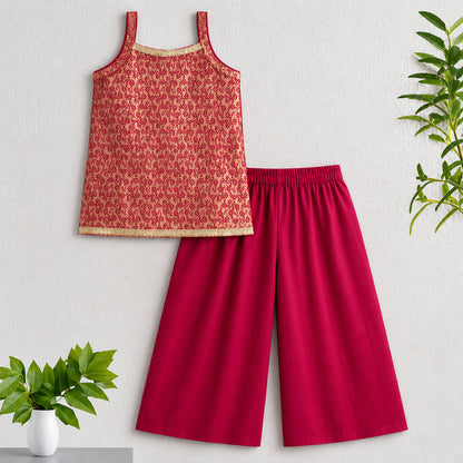 The Magic Wand Brocade Woven Strappy Floral Printed Laced Kurti And Palazzo Set - Fuchsia
