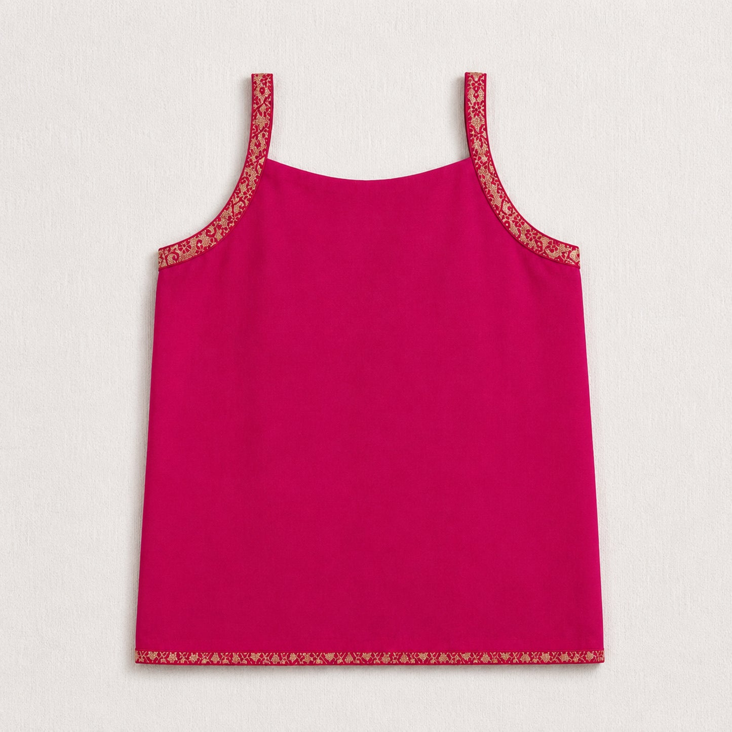 The Magic Wand Brocade Woven Strappy Floral Printed Laced Kurti And Palazzo Set - Fuchsia