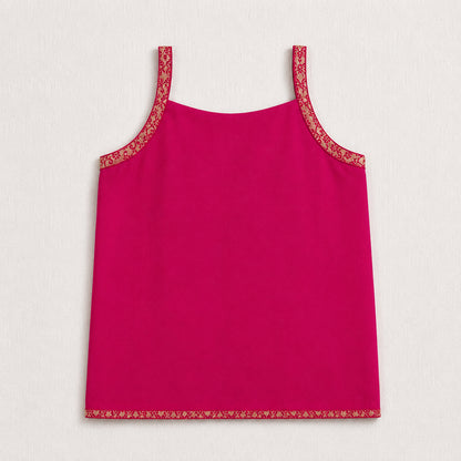 The Magic Wand Brocade Woven Strappy Floral Printed Laced Kurti And Palazzo Set - Fuchsia