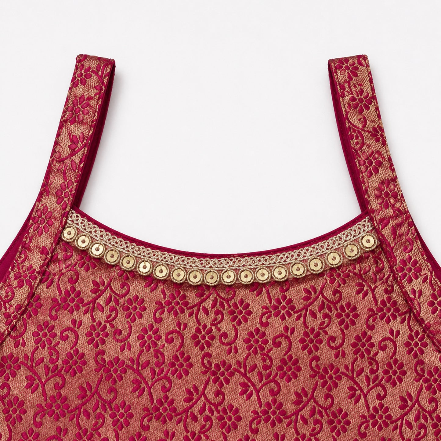 The Magic Wand Brocade Woven Strappy Floral Printed Laced Kurti And Palazzo Set - Fuchsia