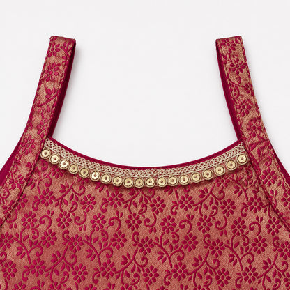 The Magic Wand Brocade Woven Strappy Floral Printed Laced Kurti And Palazzo Set - Fuchsia