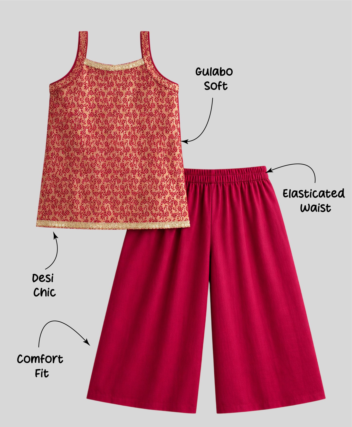 The Magic Wand Brocade Woven Strappy Floral Printed Laced Kurti And Palazzo Set - Fuchsia