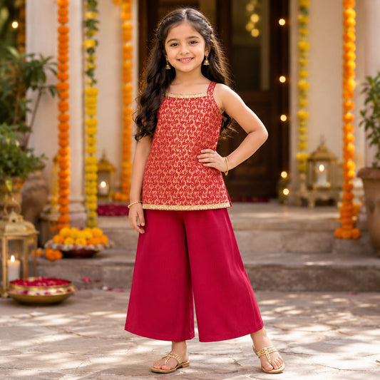 The Magic Wand Brocade Woven Strappy Floral Printed Laced Kurti And Palazzo Set - Fuchsia