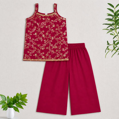 The Magic Wand Brocade Woven Strappy Floral Jaal Printed Laced Kurti And Palazzo Set - Fuchsia