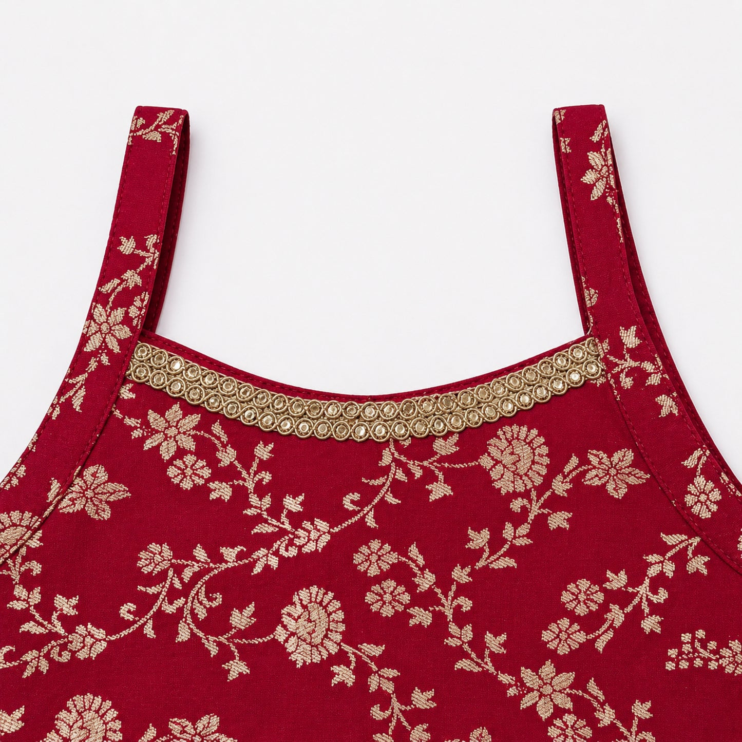 The Magic Wand Brocade Woven Strappy Floral Jaal Printed Laced Kurti And Palazzo Set - Fuchsia