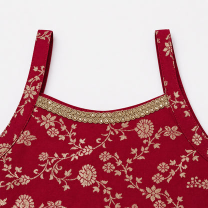 The Magic Wand Brocade Woven Strappy Floral Jaal Printed Laced Kurti And Palazzo Set - Fuchsia