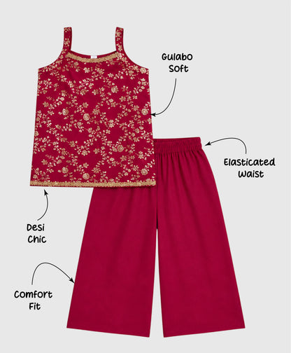 The Magic Wand Brocade Woven Strappy Floral Jaal Printed Laced Kurti And Palazzo Set - Fuchsia