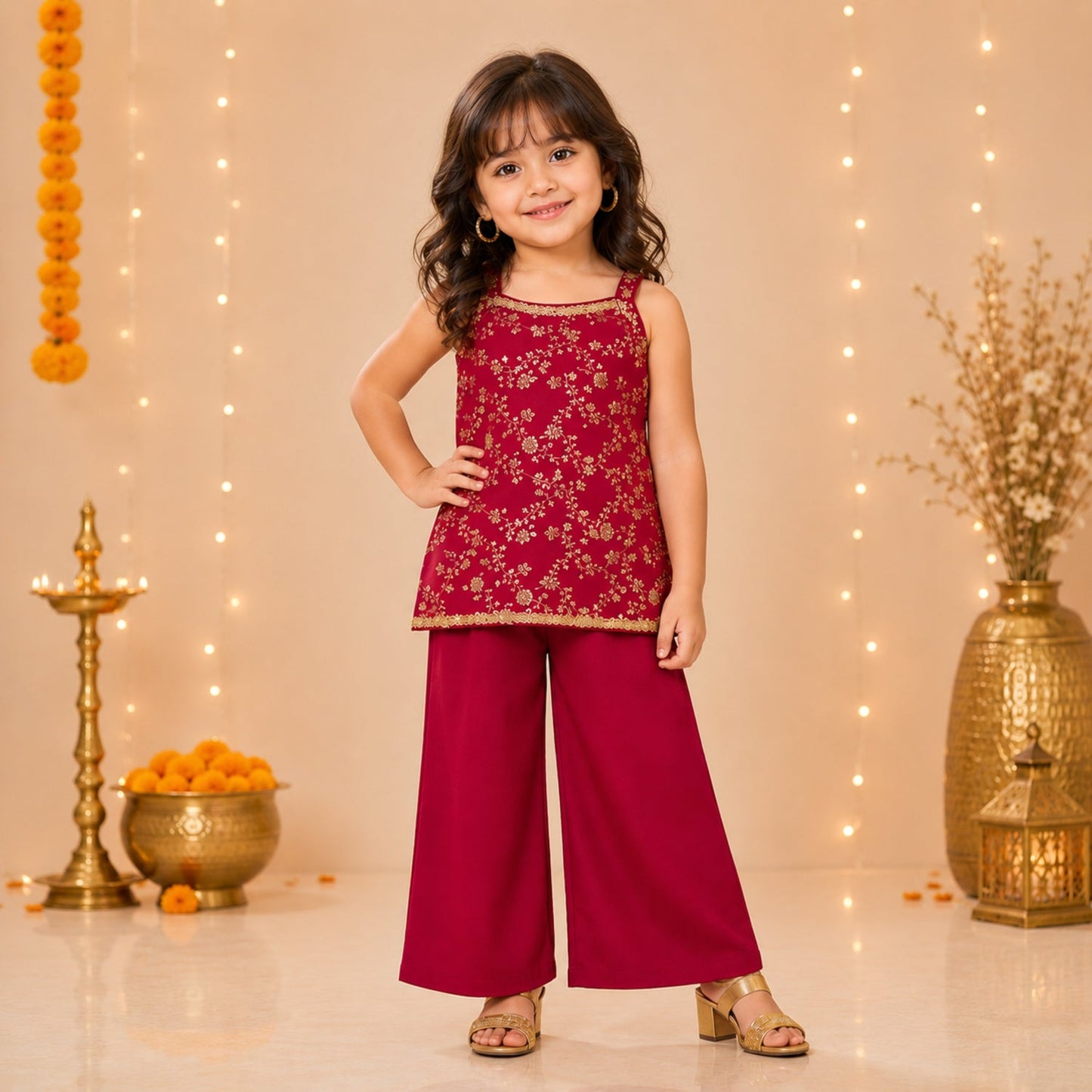 The Magic Wand Brocade Woven Strappy Floral Jaal Printed Laced Kurti And Palazzo Set - Fuchsia