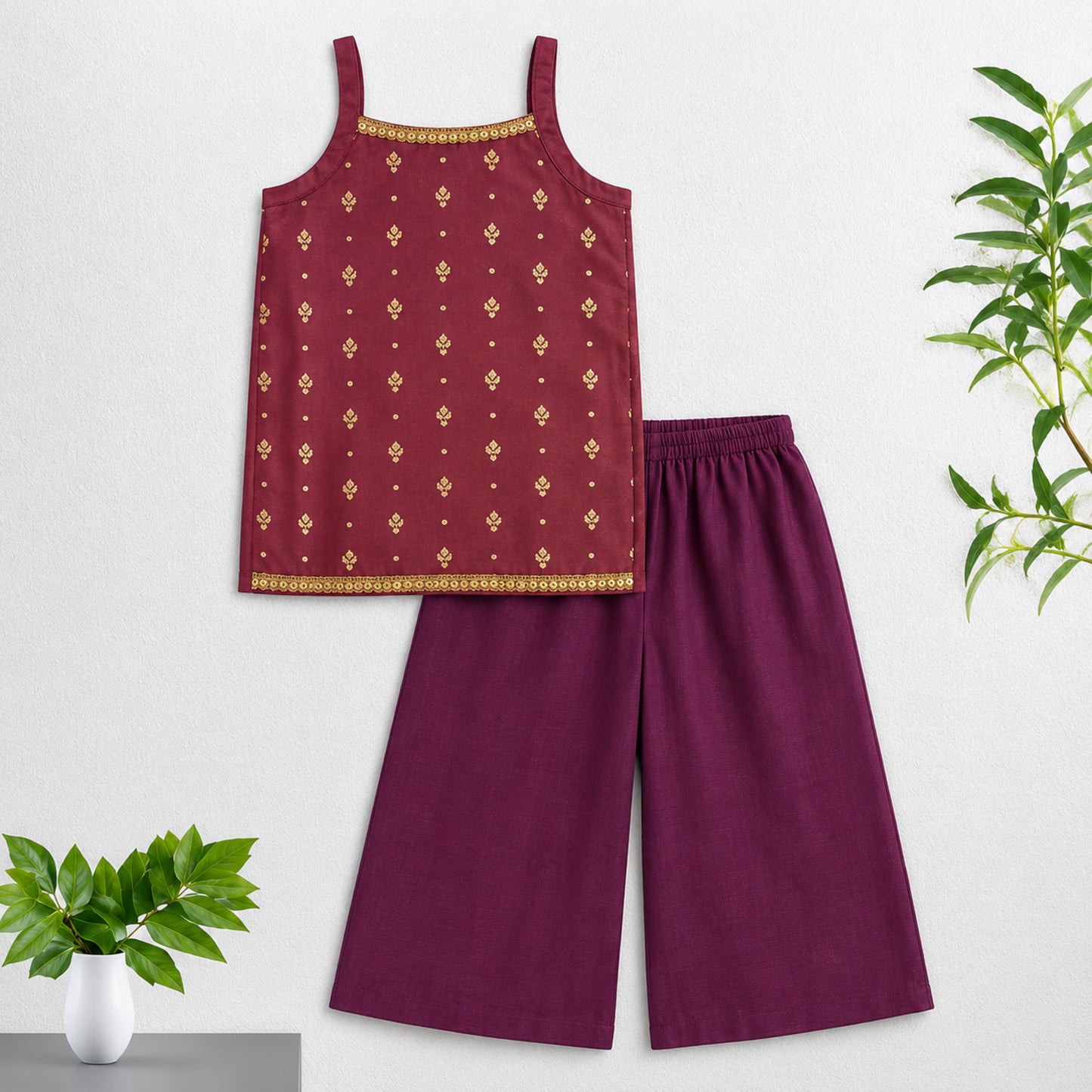 The Magic Wand Brocade Woven Strappy Buti Printed Laced Kurti And Palazzo Set - Wine