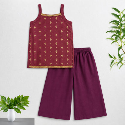 The Magic Wand Brocade Woven Strappy Buti Printed Laced Kurti And Palazzo Set - Wine