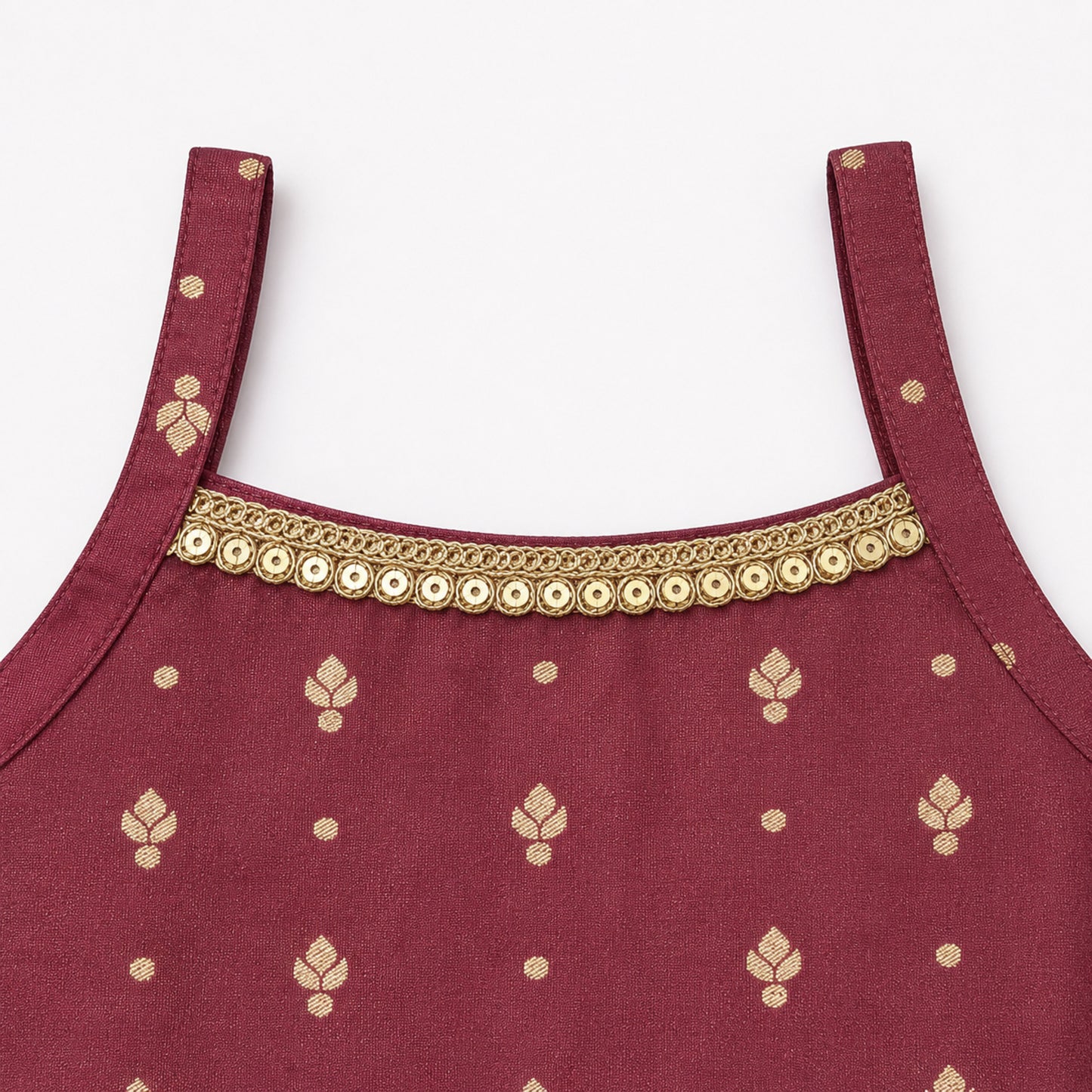 The Magic Wand Brocade Woven Strappy Buti Printed Laced Kurti And Palazzo Set - Wine