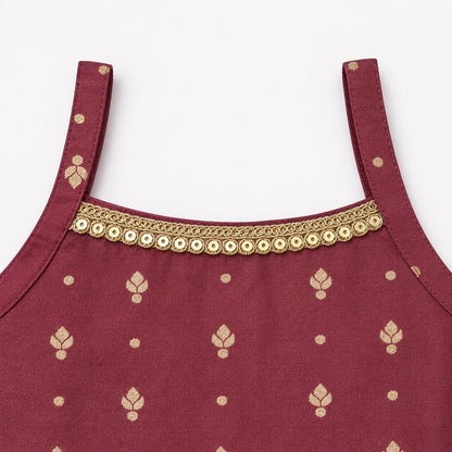 The Magic Wand Brocade Woven Strappy Buti Printed Laced Kurti And Palazzo Set - Wine