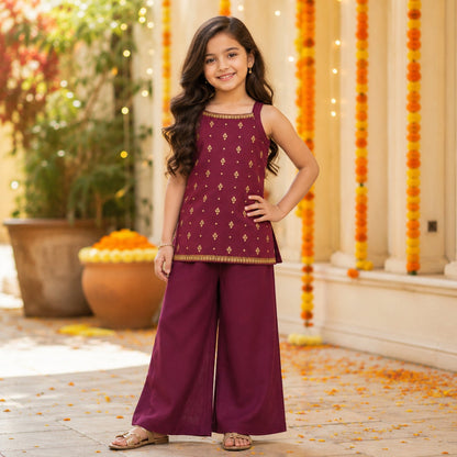 The Magic Wand Brocade Woven Strappy Buti Printed Laced Kurti And Palazzo Set - Wine