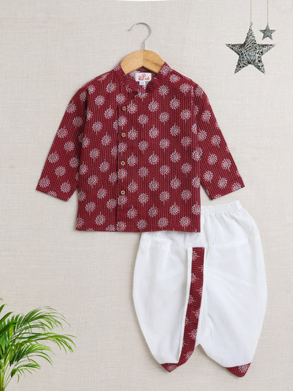 Full Sleeves Floral Printed Kurta With Dhoti Set - Maroon