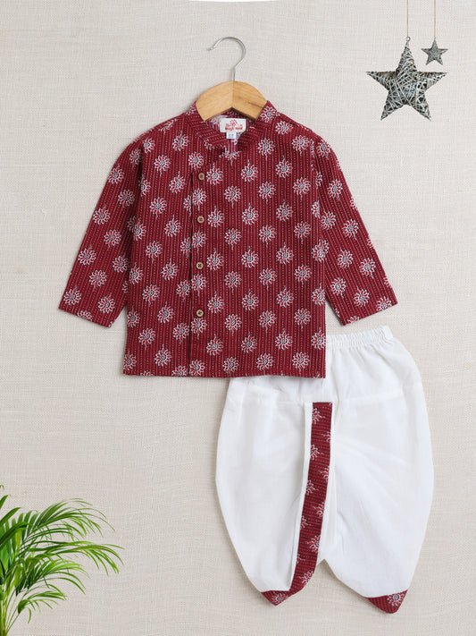Full Sleeves Floral Printed Kurta With Dhoti Set - Maroon