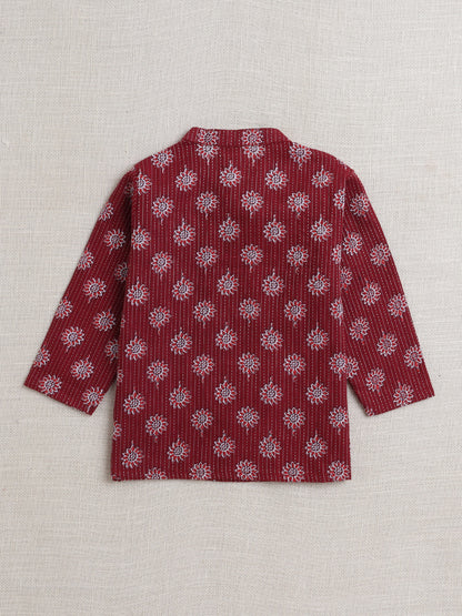 Full Sleeves Floral Printed Kurta With Dhoti Set - Maroon