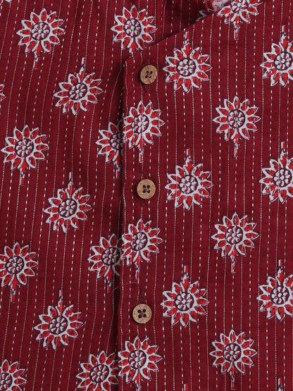 Full Sleeves Floral Printed Kurta With Dhoti Set - Maroon