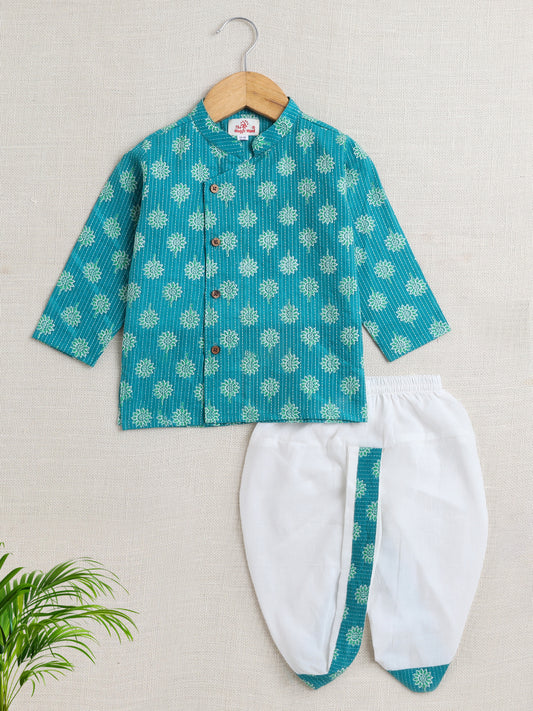 Full Sleeves Floral Printed Kurta With Dhoti Set - Green