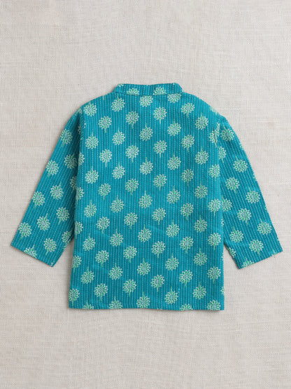 Full Sleeves Floral Printed Kurta With Dhoti Set - Green