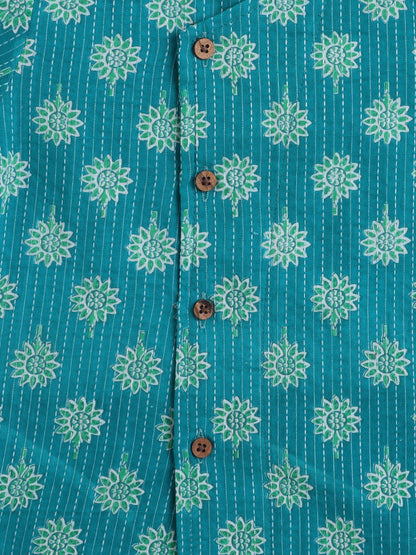 Full Sleeves Floral Printed Kurta With Dhoti Set - Green