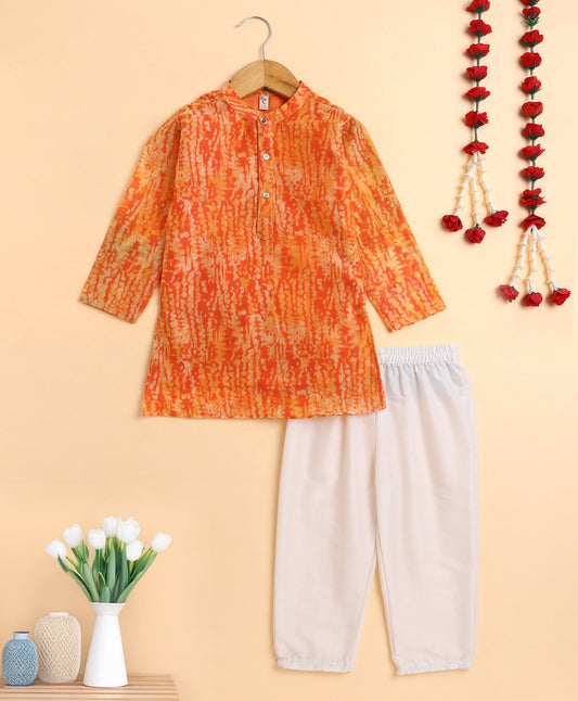 The Magic Wand Woven Full Sleeves AII Over Printed Kurta and Pajama- Orange