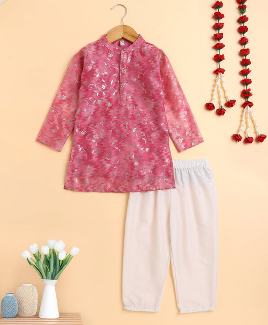 The Magic Wand Woven Full Sleeves Foil Printed Kurta and Pajama Set- Pink