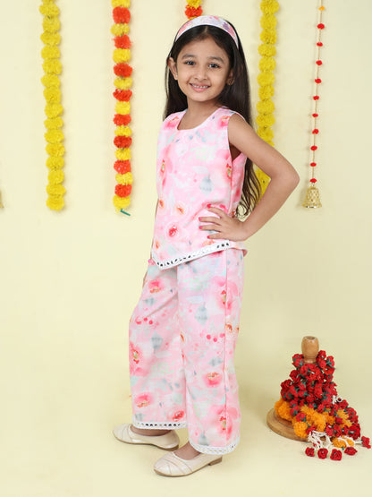 Cotton Sleeveless Floral Print Mirrow Work Lace Kurta Pyjama Set -Pink