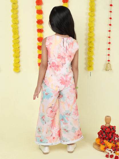 Sleeveless Floral Print Mirrow Work Lace Kurta Pyjama Set -Peach