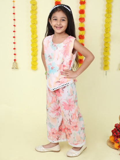 Sleeveless Floral Print Mirrow Work Lace Kurta Pyjama Set -Peach