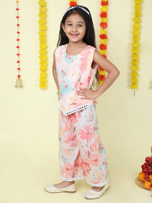 Sleeveless Floral Print Mirrow Work Lace Kurta Pyjama Set -Peach