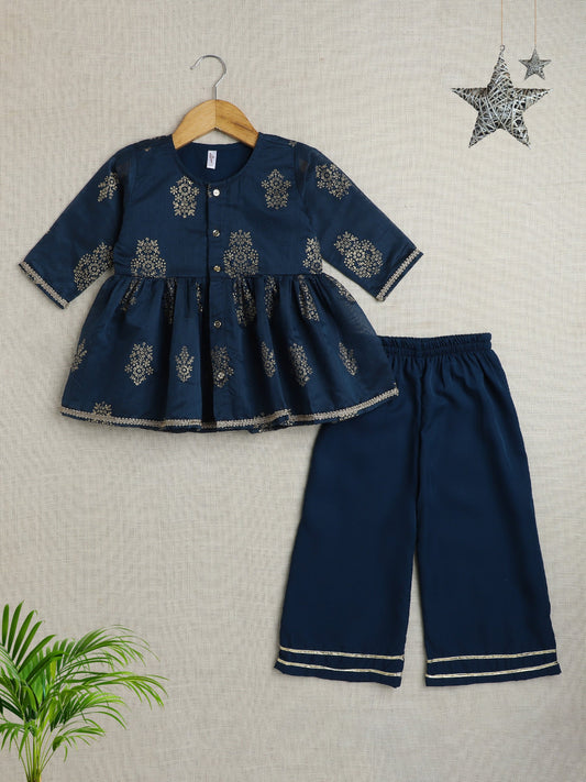 Three Fourth Sleeves Lace Embelsihed & Floral Foil Printed Top & Pant Set - Teal Blue