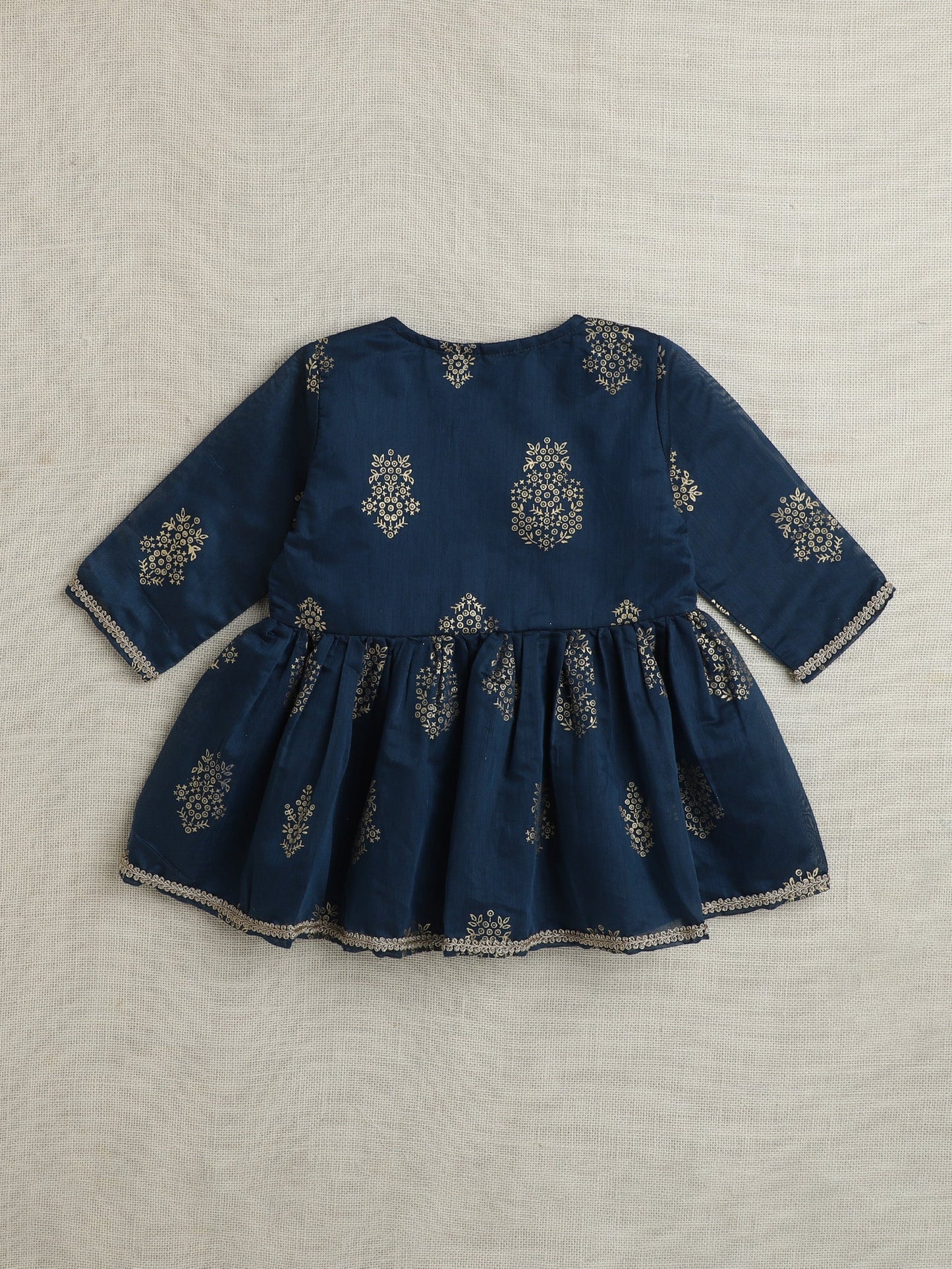 Three Fourth Sleeves Lace Embelsihed & Floral Foil Printed Top & Pant Set - Teal Blue