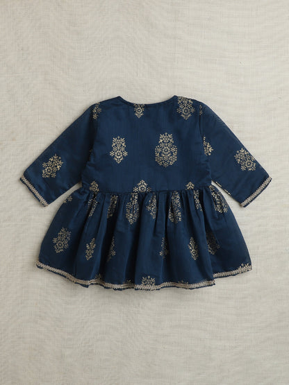 Three Fourth Sleeves Lace Embelsihed & Floral Foil Printed Top & Pant Set - Teal Blue