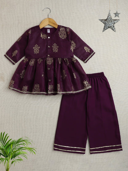Three Fourth Sleeves Lace Embelsihed & Floral Foil Printed Top & Pant Set - Wine