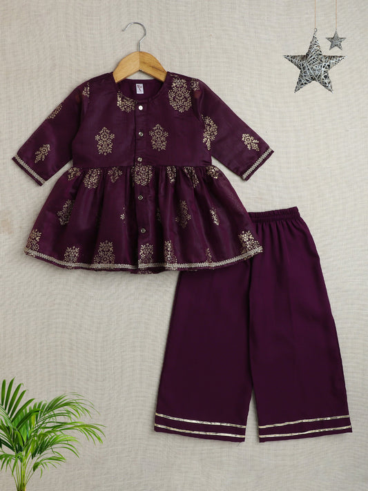 Three Fourth Sleeves Lace Embelsihed & Floral Foil Printed Top & Pant Set - Wine