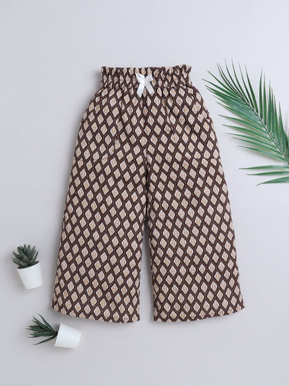 The Magic Wand Rayon Ikat Printed Full Length Palazzo With Lace Bow Brown